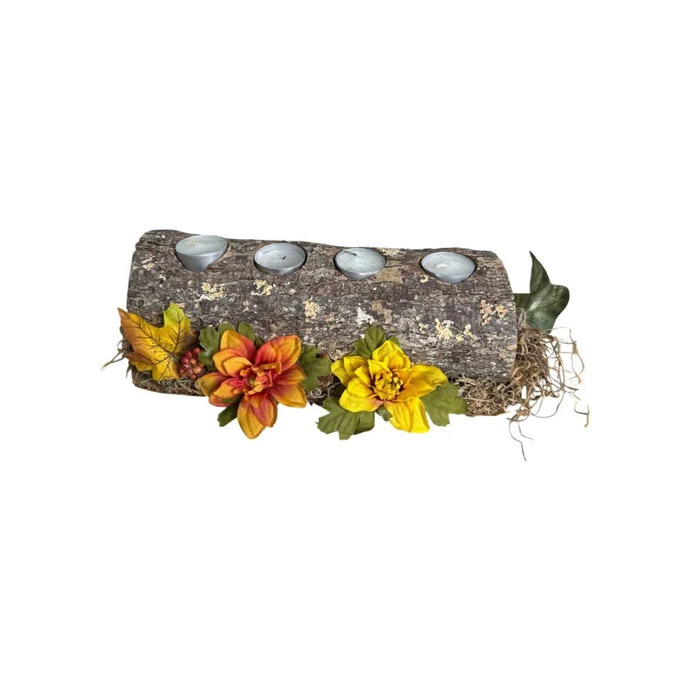 Rustic Fall Log Tealight Candle Holder Floral Centerpiece Farmhouse 13 Inch
